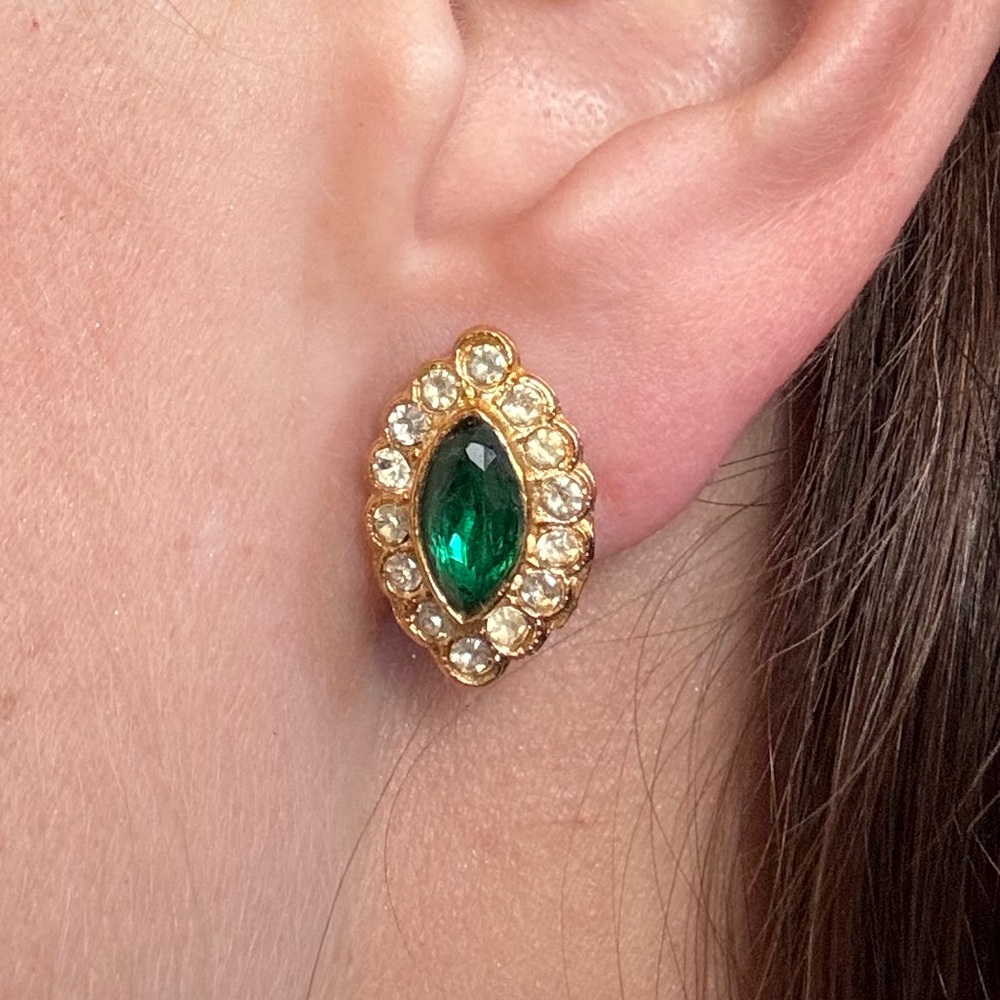 Vintage earrings - RARE - in gold tone with green and clear stones.